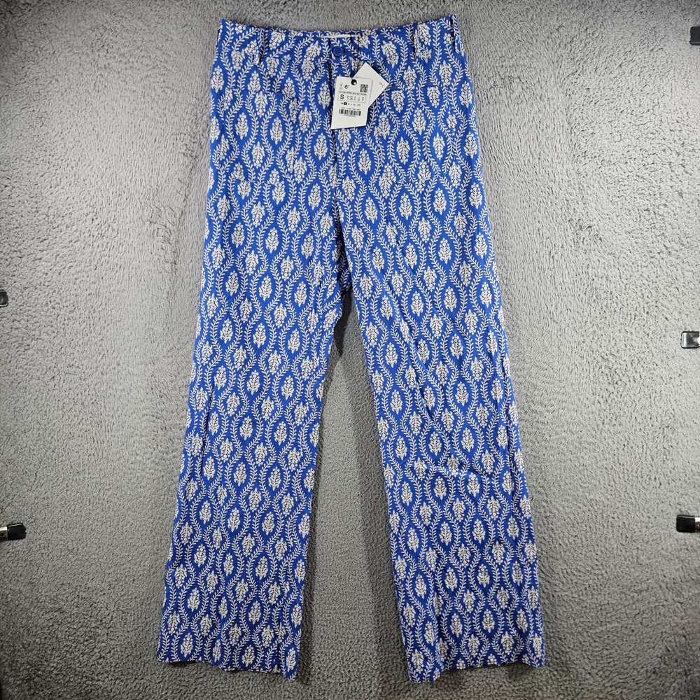 Zara Blue White Leaf Print Wide Leg Pants High Rise Trousers 3198/246 Size S NEW